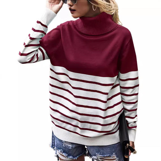 Damen gemütlicher Rollkragenpullover mit Streifenmuster EB
