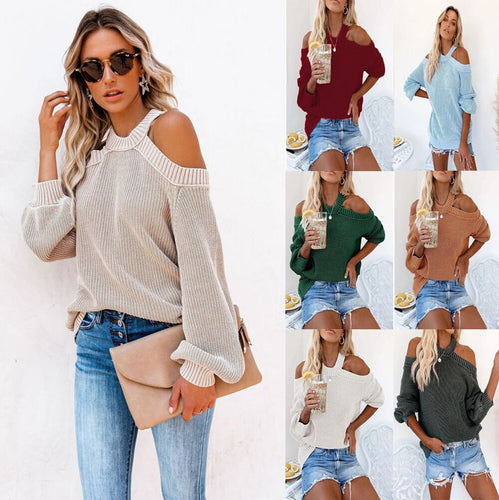 Damen Cooles Off-Shoulder Strickpullover mit weit geschnittenen Ärmeln EB