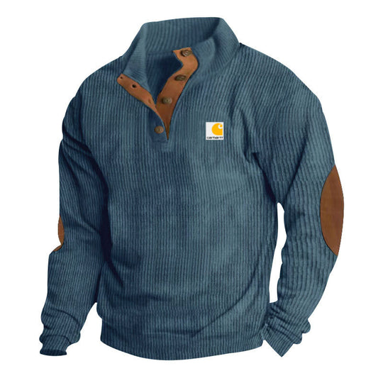 Herren nan Strickpullover im Troyer-Stil mit Stehkragen Lederbesatz Druckknopfleiste und Ellbogen-Patches EB