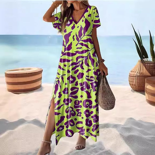 Damen Maxikleid mit tierischem Muster und seitlichem Schlitz EB