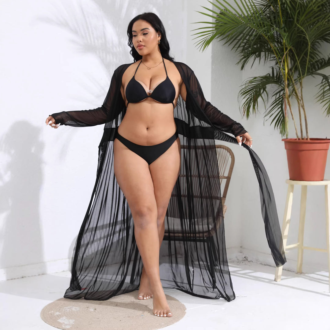 Damen transparenter Strandüberwurf mit verspieltem Taillengürtel EB