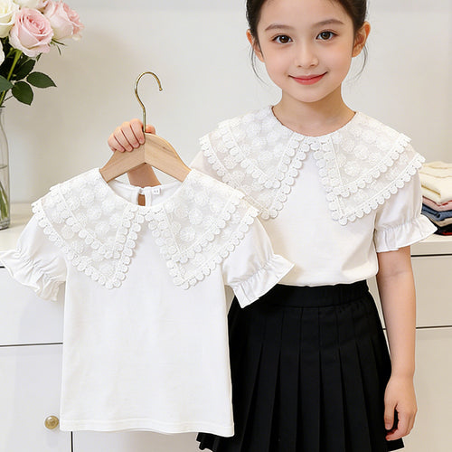 Mädchen T-Shirt mit romantischem Spitzenkragen und Rüschendetails EB