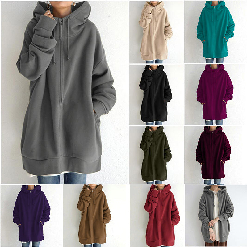 Damen nan oversized Kapuzenlongpullover mit Reißverschluss und Eingrifftaschen EB