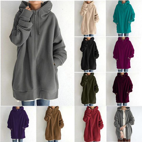 Damen nan oversized Kapuzenlongpullover mit Reißverschluss und Eingrifftaschen EB
