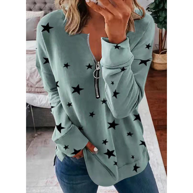 Damen Lässiger Sweatshirt mit Reißverschluss und Sternenmotiv EB