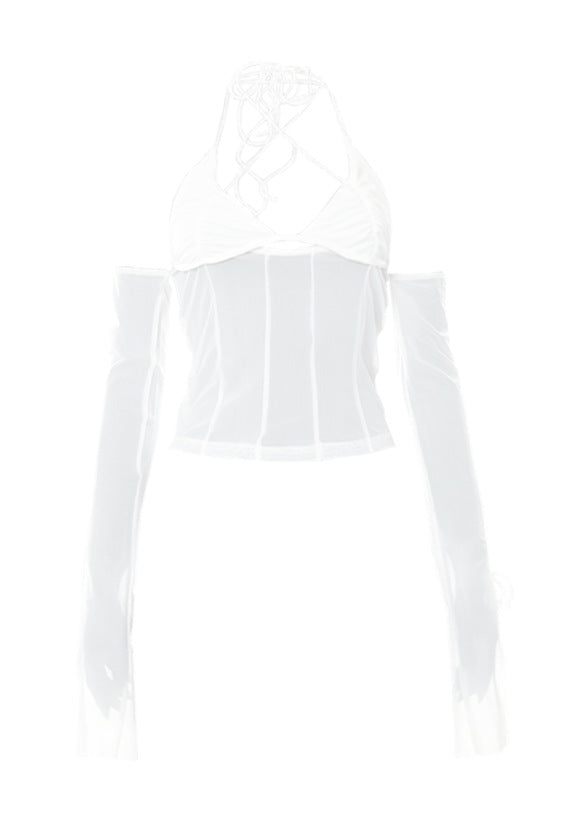 Damen Crop-Top mit transparentem Design und raffinierten Rüschenärmeln EB