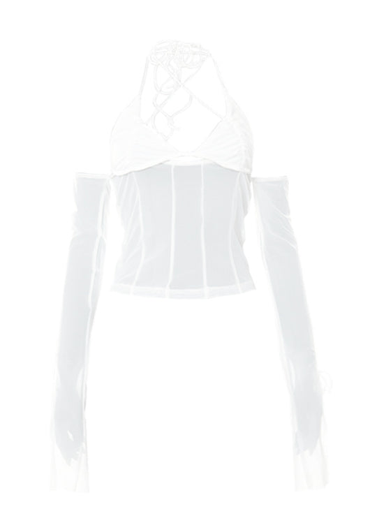 Damen Crop-Top mit transparentem Design und raffinierten Rüschenärmeln EB