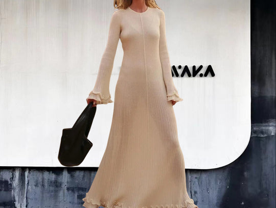 Damen Elegantes Maxikleid mit raffiniertem Rippdesign und fransigen Ärmeln EB