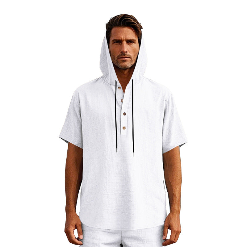 EB | Leinen-Knopf-Strand-Kapuzen-Henley-Shirt