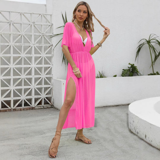 Damen elegantes Maxi-Kleid mit tiefem V-Ausschnitt und fließendem Rock EB