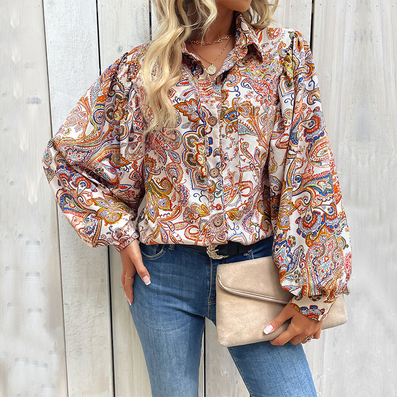 Damen Modische Bluse mit Volants und Paisleymuster EB