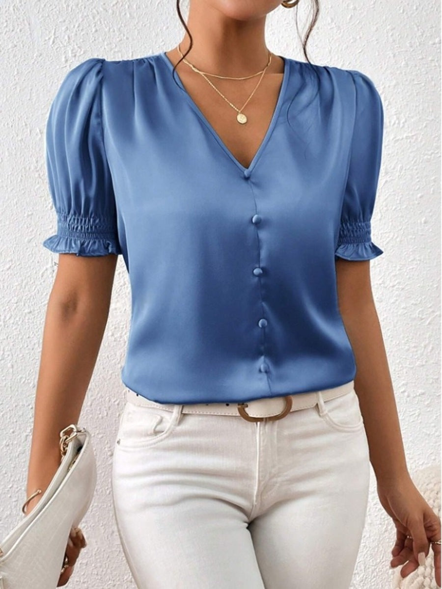 Damen Satinbluse mit Puffärmeln und eleganter Knopfleiste EB
