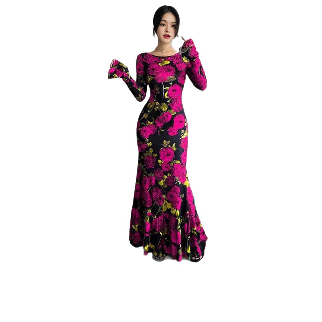 Damen nan eng anliegendes Maxikleid mit Meerjungfrauen-Schnitt, langen Glockenärmeln und Rüschensaum EB