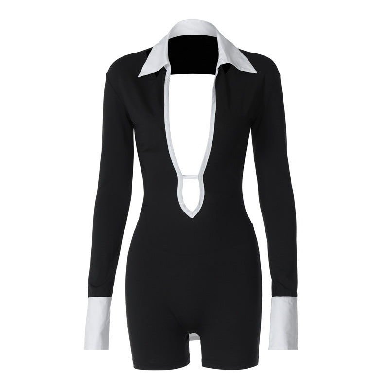 Damen Eleganter Jumpsuit mit tiefem Ausschnitt und kontrastierenden Ärmeln EB