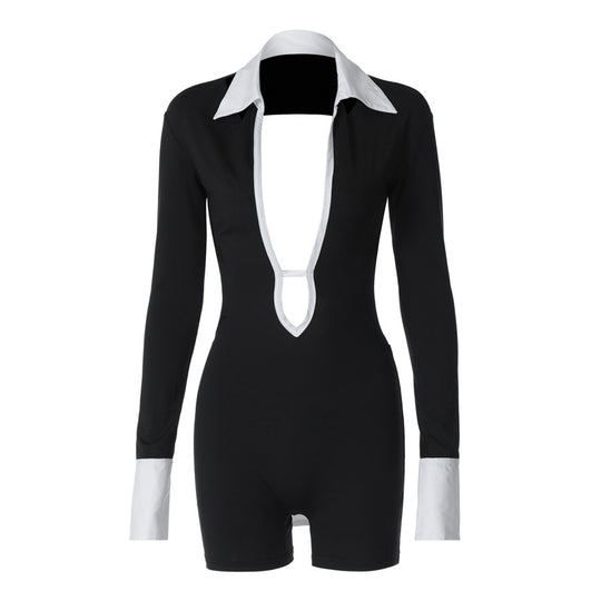 Damen Eleganter Jumpsuit mit tiefem Ausschnitt und kontrastierenden Ärmeln EB