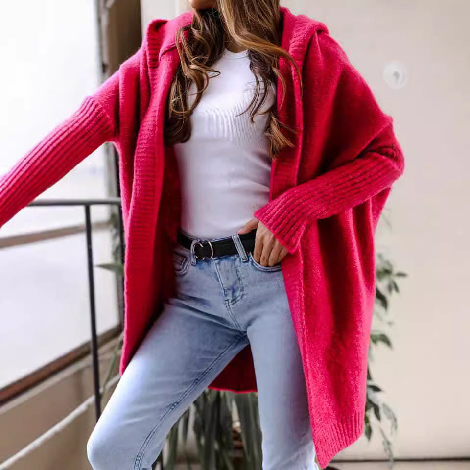 Damen kuschelige Strickjacke mit Kapuze und offenem Schnitt EB