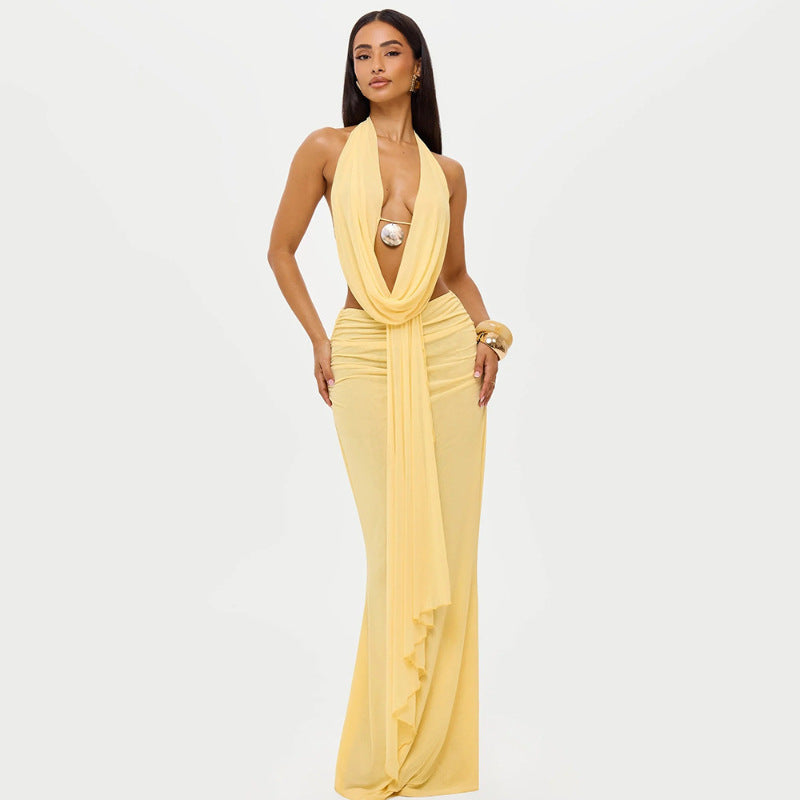 Damen Elegantes und raffiniertes Maxikleid mit tiefem Ausschnitt und Drapierung EB