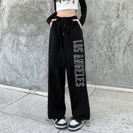 Damen nan weiche Highwaist-Sweatpants mit seitlichem New York-Print, elastischem Bund und Kordel EB