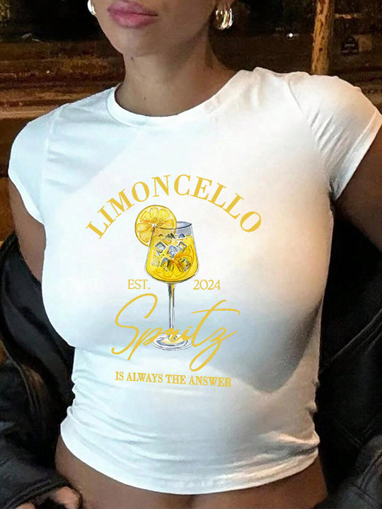 Damen Crop-T-Shirt mit kreativem Cocktail-Design EB