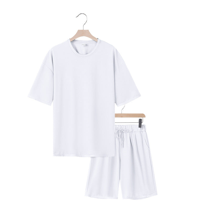Herren nan entspannter Jersey-Set mit verlängertem Rundhals-T-Shirt und elastischen Kordelzug-Shorts EB