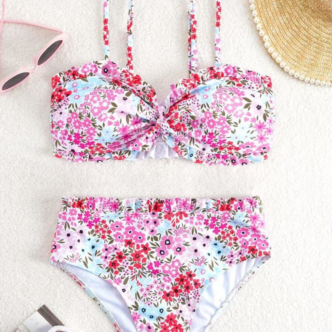 Damen Bikini-Set mit fröhlichem Blumenmuster und gerafftem Bustier EB