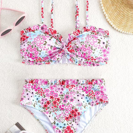 Damen Bikini-Set mit fröhlichem Blumenmuster und gerafftem Bustier EB