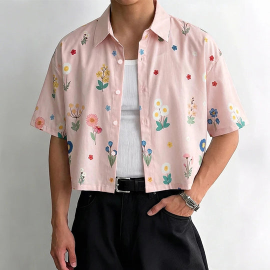 Damen nan kastig geschnittene Kurzarm-Hemdbluse mit floralem Allover-Print, Hemdkragen und kurzem Saum EB