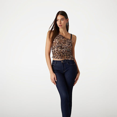 Damen Asymmetrisches Top mit Leopardenmuster und raffinierten Rüschen EB