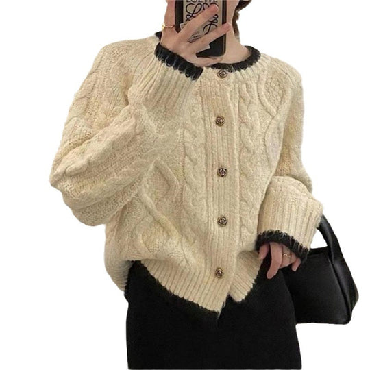 Damen gemütliche Strickjacke mit elegantem Zopfmuster und kontrastierenden Abschlüssen EB