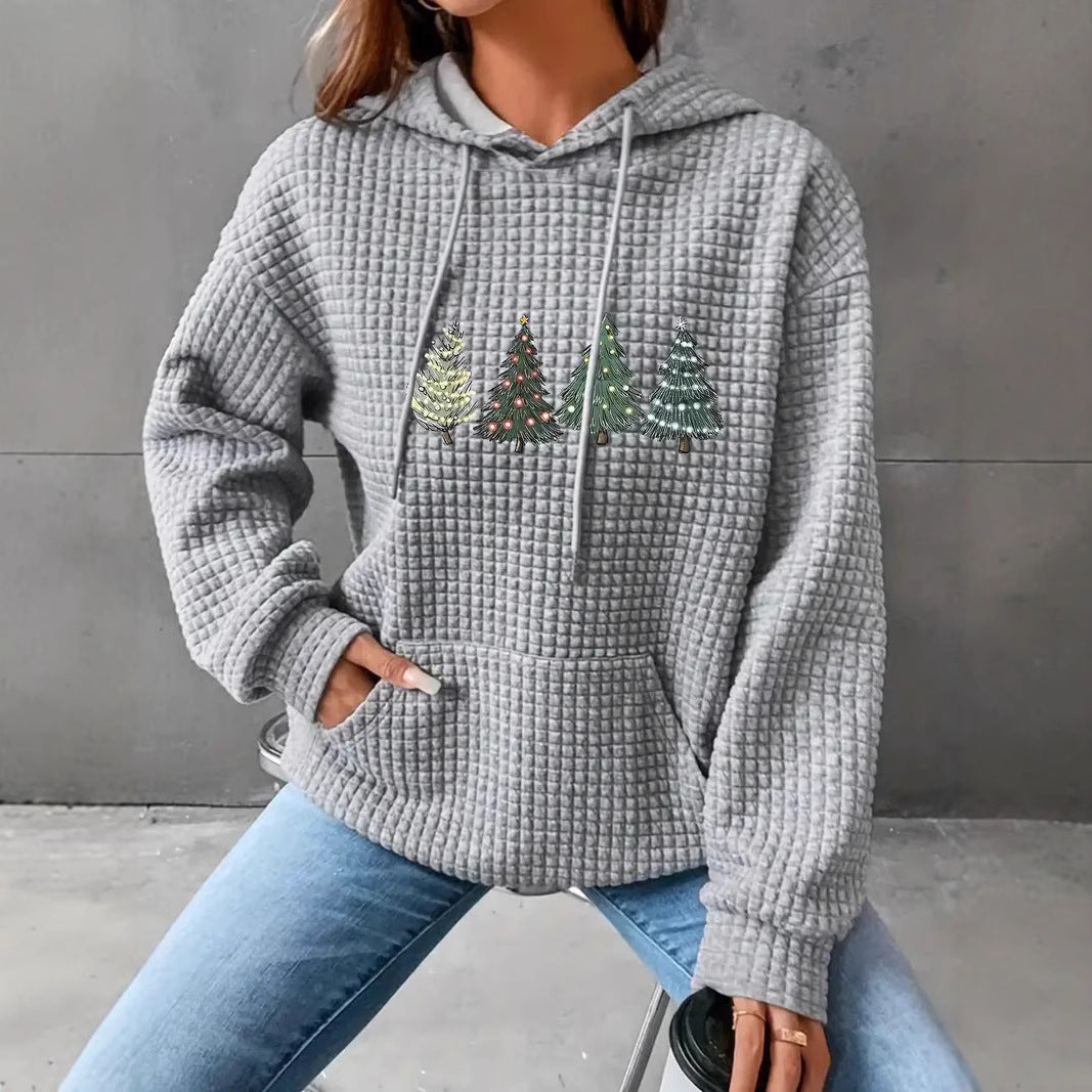 Damen Waffel-Pullover mit übergroßer Kapuze und festlichem Baumdesign EB
