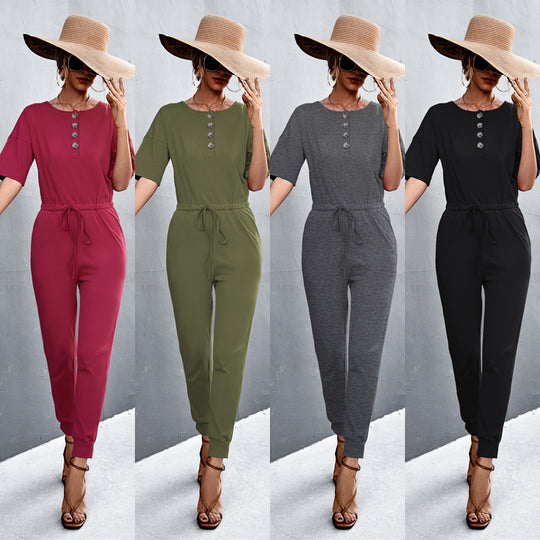 Damen Jumpsuit mit elegantem V-Ausschnitt und praktischen Taschen EB
