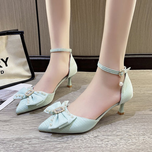 Damen eleganter Absatzschuh mit Schleife und Zierperlen EB
