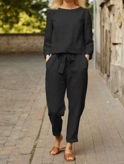 Damen Lässiges Leinen-Loungewear-Set mit Rundhalsausschnitt, Bindegürtel und knöchellanger Hose EB
