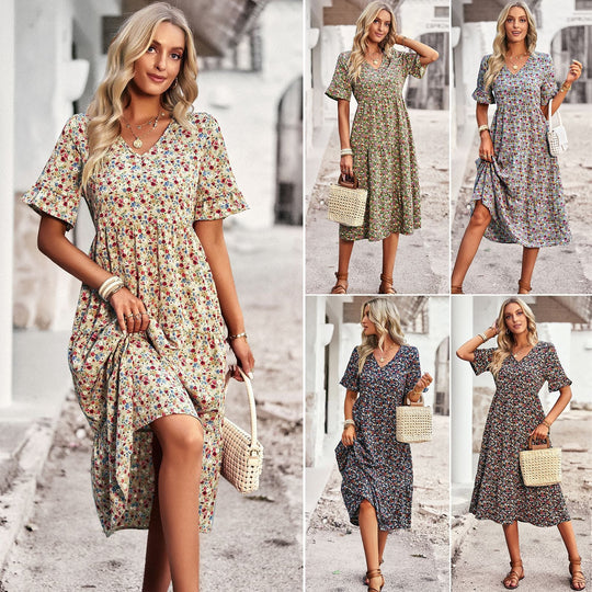 Damen Midi-Kleid mit Floralem Muster und Verspieltem V-Ausschnitt EB