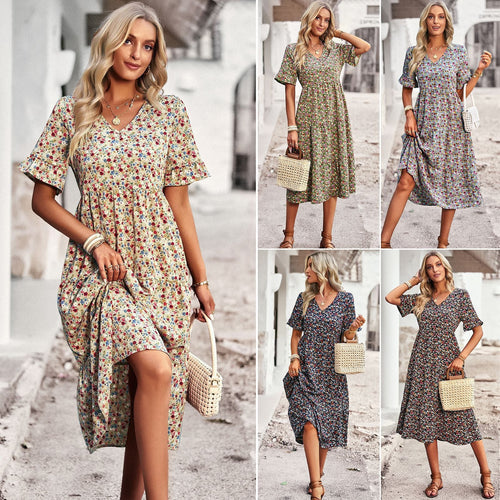 Damen Midi-Kleid mit Floralem Muster und Verspieltem V-Ausschnitt EB