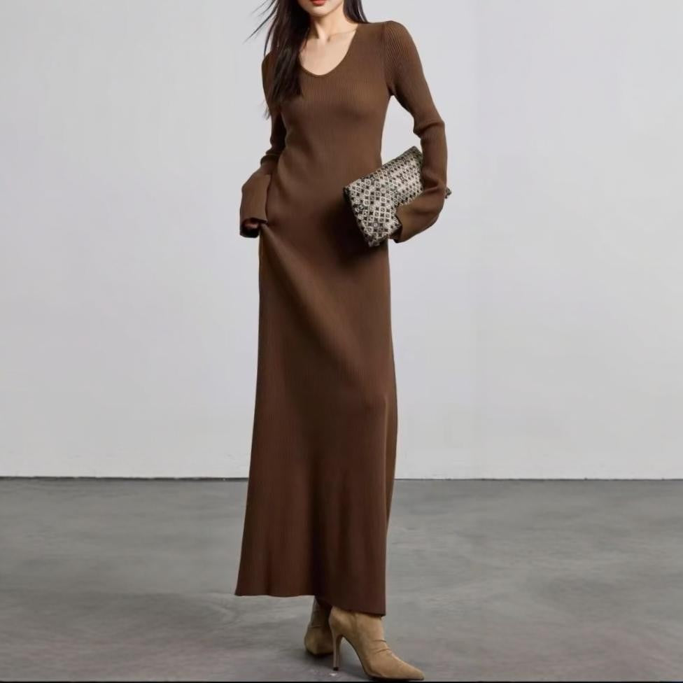 Damen elegantes Maxikleid mit feiner Rippstruktur und V-Ausschnitt EB