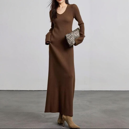 Damen elegantes Maxikleid mit feiner Rippstruktur und V-Ausschnitt EB