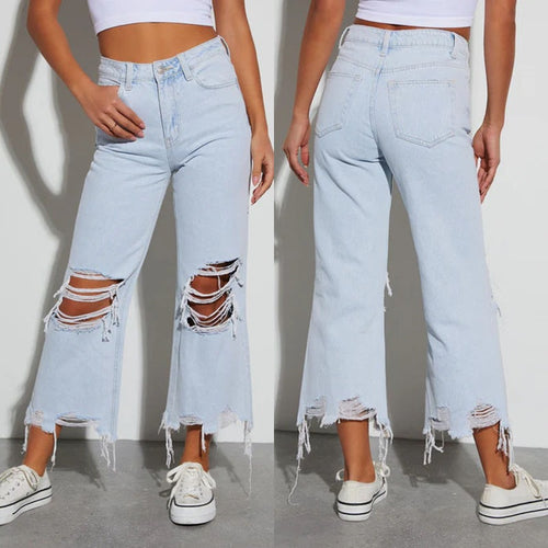Damen Distressed Jeans mit weitem Bein und fransigem Saum EB
