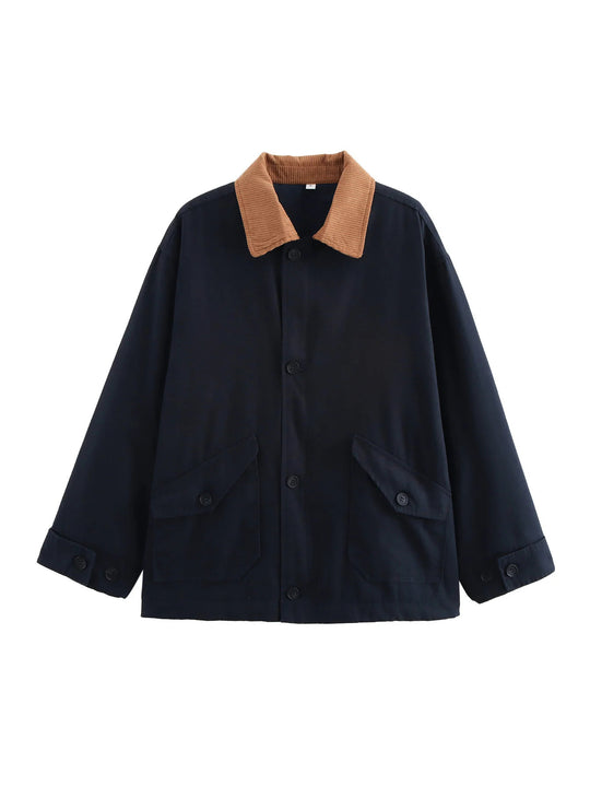 Damen lässige Übergangsjacke mit cordartigem Kragen und praktischen Taschen EB