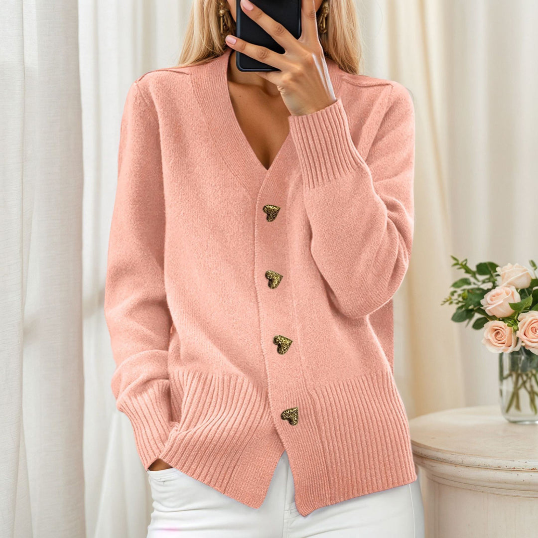 Damen nan lockerer Strickcardigan mit Herzknöpfen und geripptem Saum EB