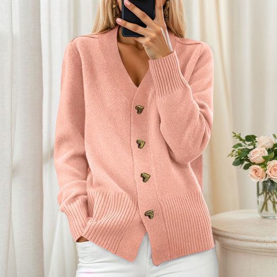 Damen nan lockerer Strickcardigan mit Herzknöpfen und geripptem Saum EB