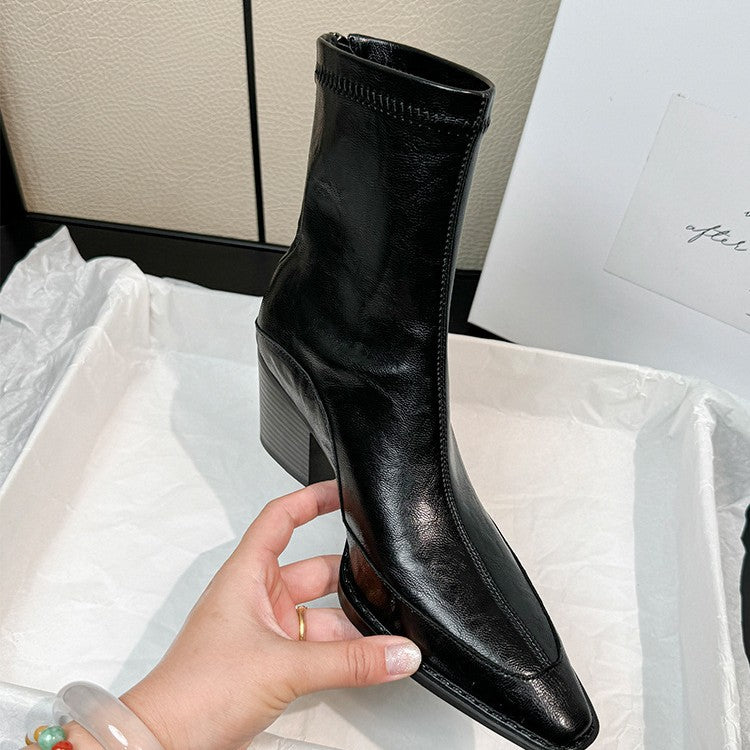 Damen elegante Ankle Boots mit robustem Blockabsatz und spitz zulaufender Zehenpartie EB