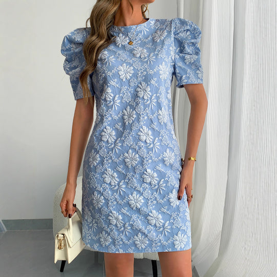 Damen nan florales Jacquard-Minikleid mit gestuften Puffärmeln EB