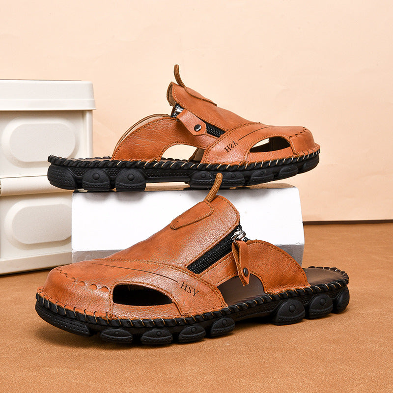 Herren Bequeme Leder-Sandalen mit praktischem Reißverschluss EB