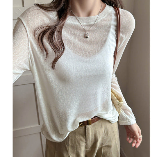 Damen Longsleeve Shirt Aus Leicht Transparentem Material mit Elegantem Fall EB