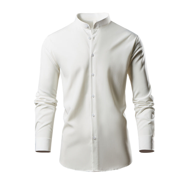 Herren elegantes Langarmhemd mit stehendem Kragen und modernen Knopfdetails EB