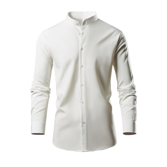 Herren elegantes Langarmhemd mit stehendem Kragen und modernen Knopfdetails EB
