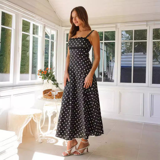 Damen Maxikleid mit Spitze und verspieltem Polka-Dot-Muster EB