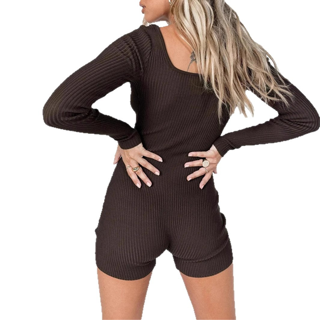 Damen nan figurbetonter Rippstrick-Einteiler mit langem Arm und quadratischem Ausschnitt EB