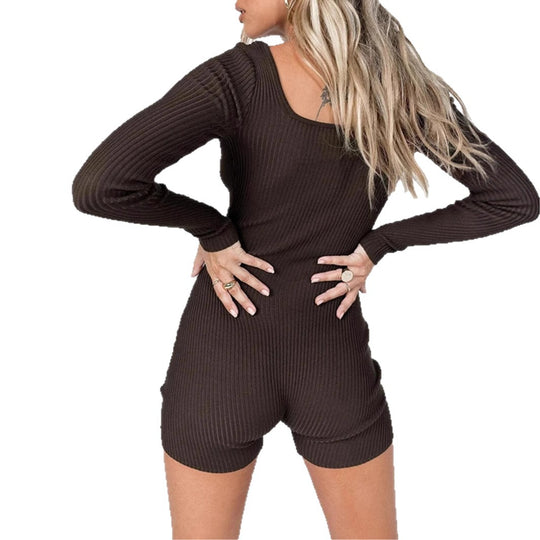 Damen nan figurbetonter Rippstrick-Einteiler mit langem Arm und quadratischem Ausschnitt EB